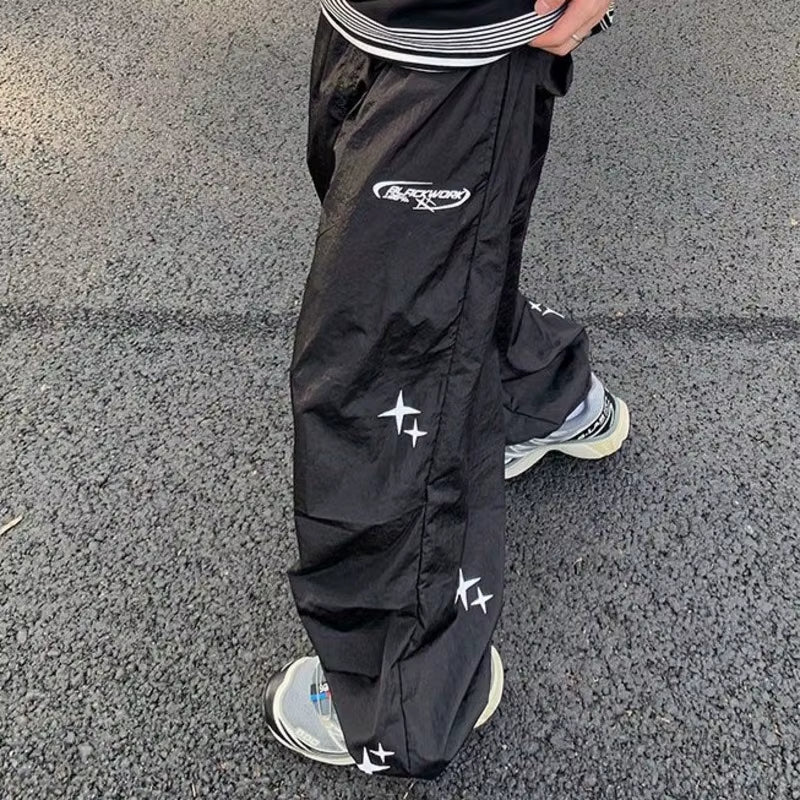 Fashion Y2K Star Hip Hop Cargo Pants Girls Women'S Nylon Grunge Black Wide Leg Baggy Pants Trousers Men'S Yk2 Streetwear Trendy