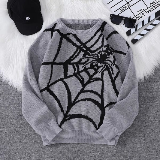 New Popular Autumn and Winter Spider Web Jacquard Pattern Pullover Sweater Casual round Neck Knitted Men'S Pullover