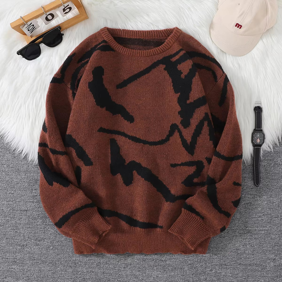 New Popular Spring Autumn Graffiti Jacquard Pattern Pullover Sweater Casual round Neck Contrast Color Knitted Men'S Pullover