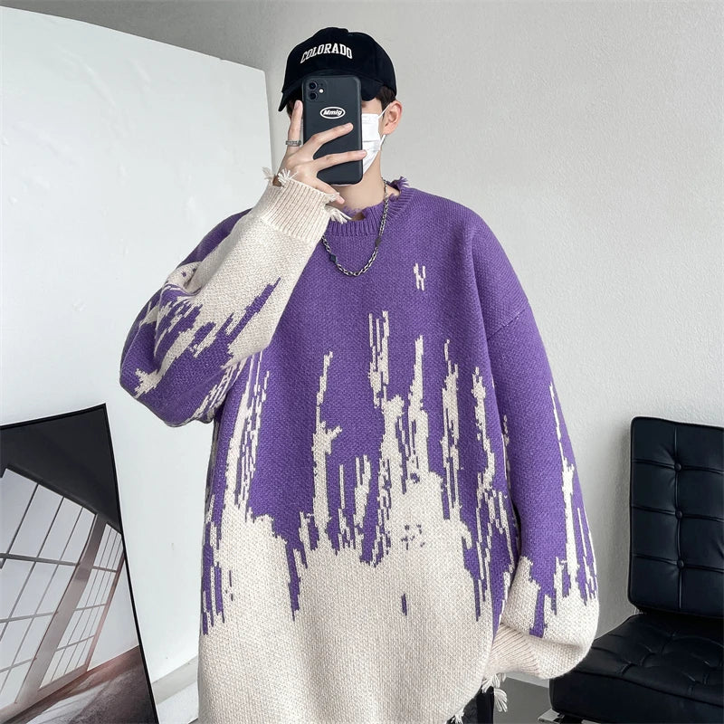 Hip Hop Ripped Punk Knitted Sweaters Men Oversized Harajuku Streetwear Sweaters Winter Couples Fashion Knit Pullovers Tops