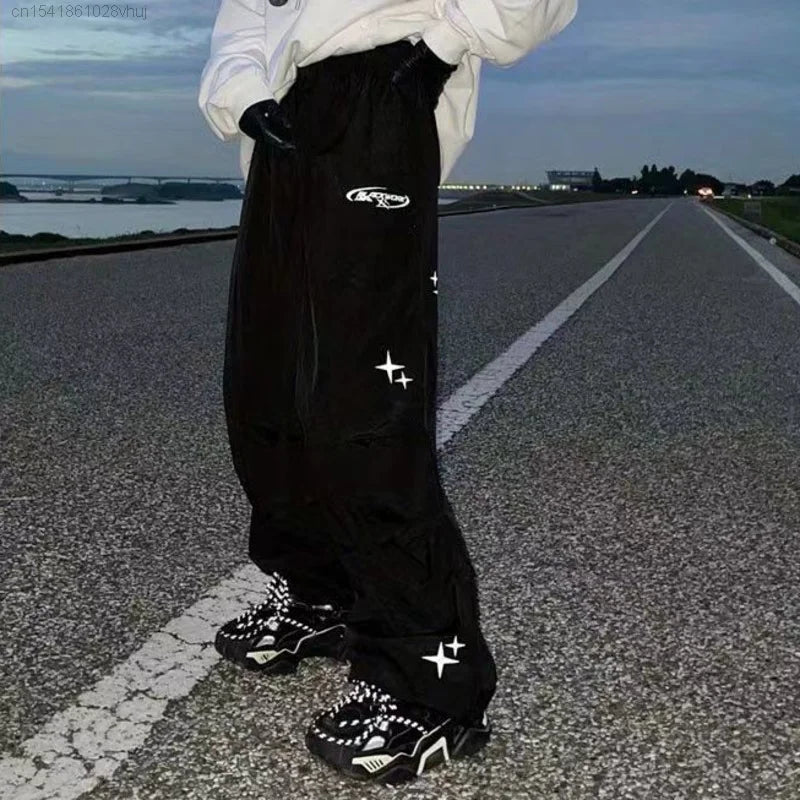 Fashion Y2K Star Hip Hop Cargo Pants Girls Women'S Nylon Grunge Black Wide Leg Baggy Pants Trousers Men'S Yk2 Streetwear Trendy