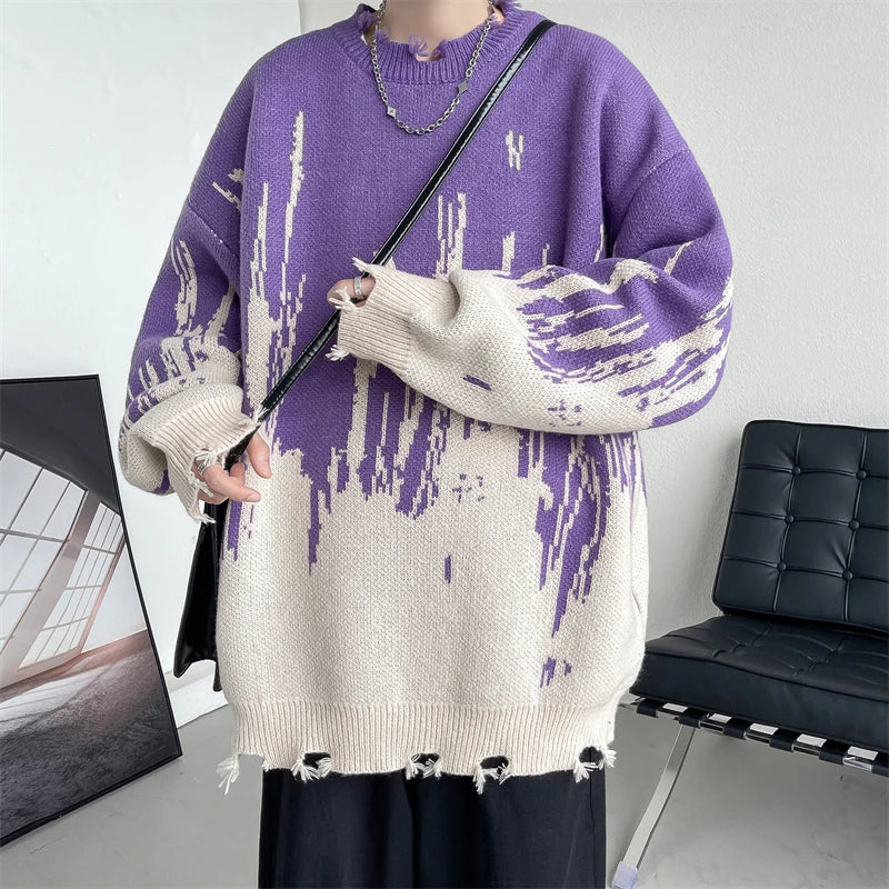 Hip Hop Ripped Punk Knitted Sweaters Men Oversized Harajuku Streetwear Sweaters Winter Couples Fashion Knit Pullovers Tops