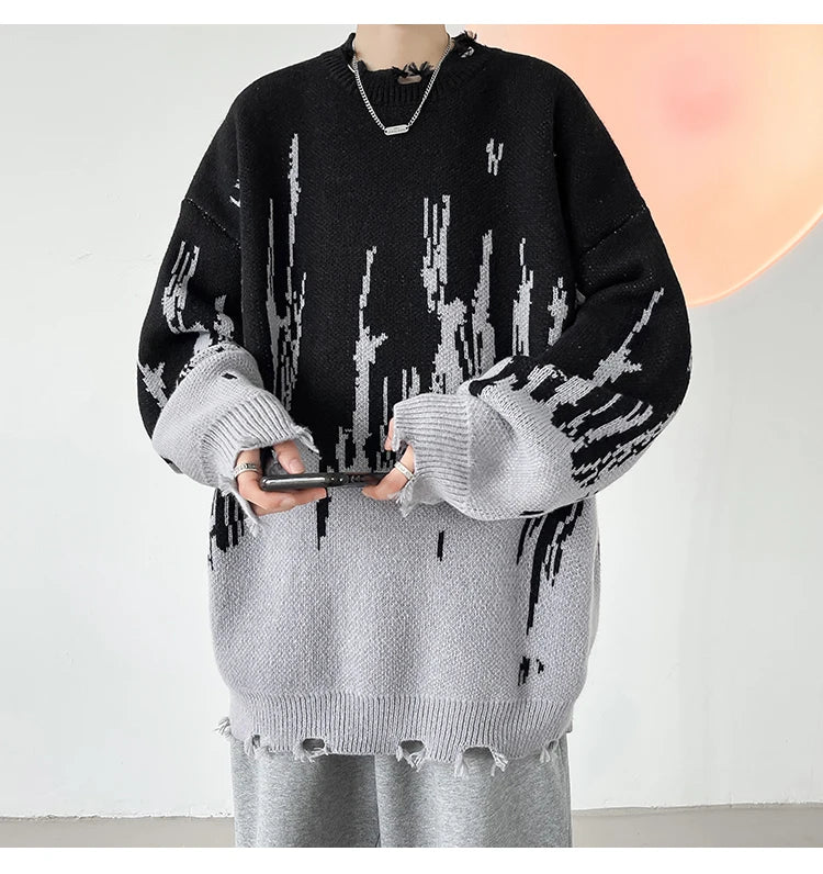 Hip Hop Ripped Punk Knitted Sweaters Men Oversized Harajuku Streetwear Sweaters Winter Couples Fashion Knit Pullovers Tops